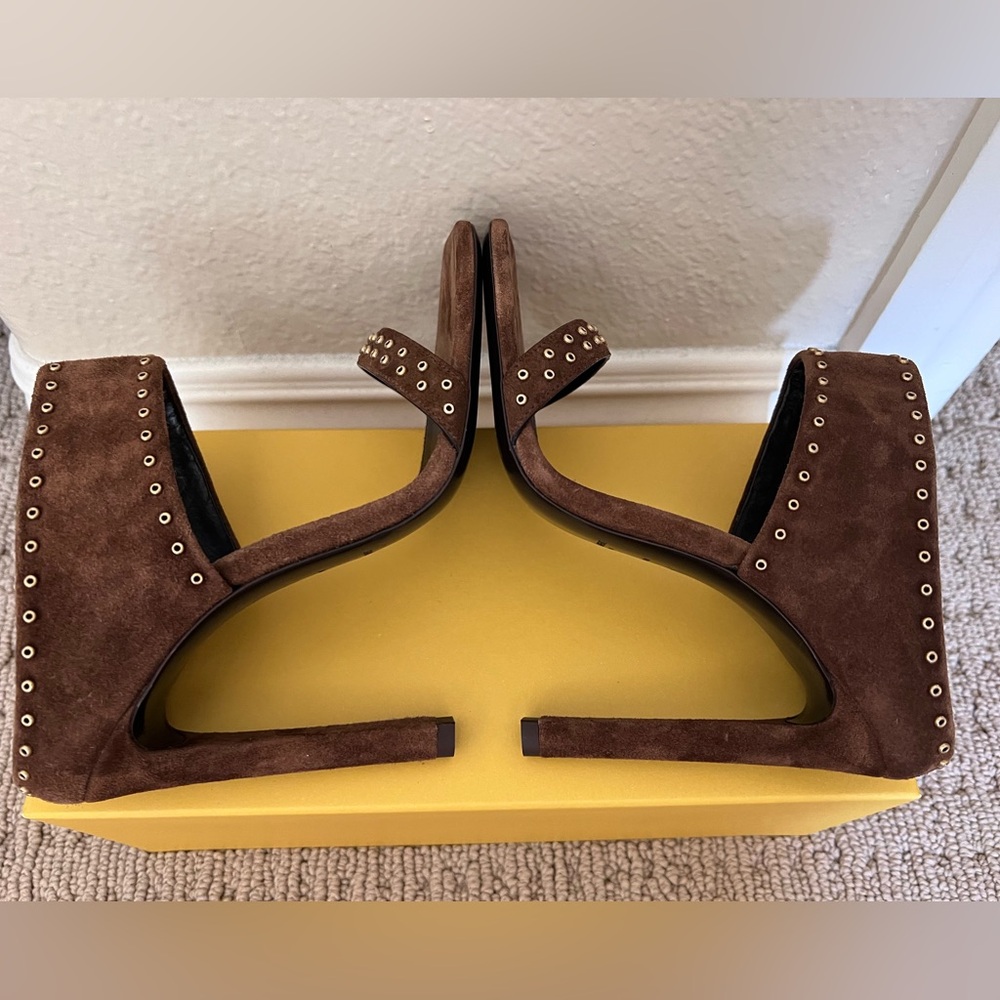 New Saint Laurent Suede Mica Stud Mule Sandals Size 37 Brown - Picture 4 of 9